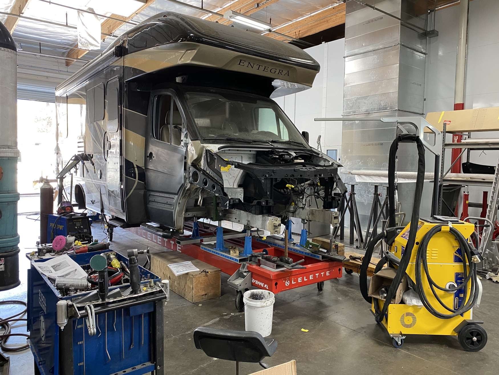 Class C Motorhome Repair and Cabover Water Damage at the OCRV Center shop in Yorba Linda
